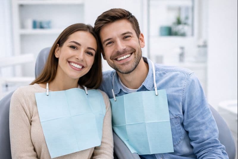 Nöjda patienter efter tandläkarbesök i Borås – leende par i modern tandklinik